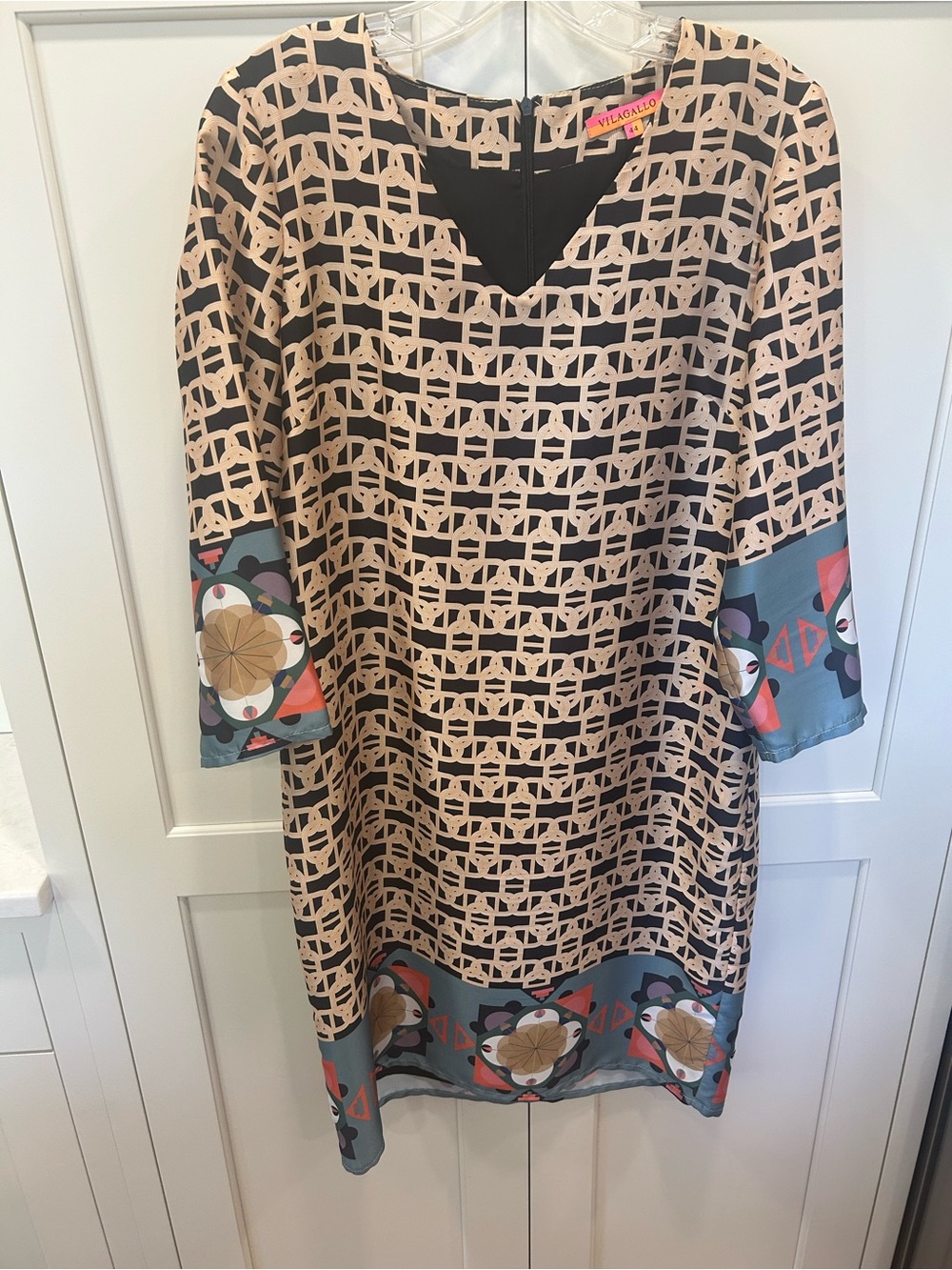 Vilagallo Gold and Black Dress with Geometric Chain Print, size L